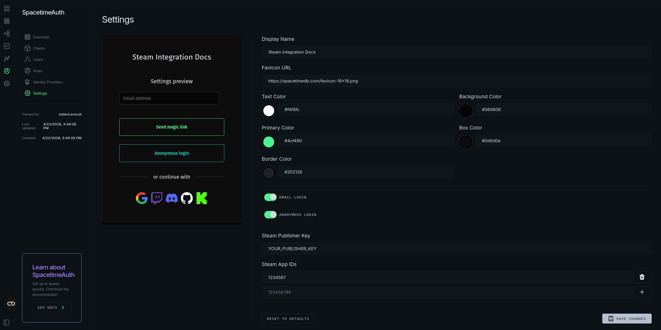 Dashboard settings page