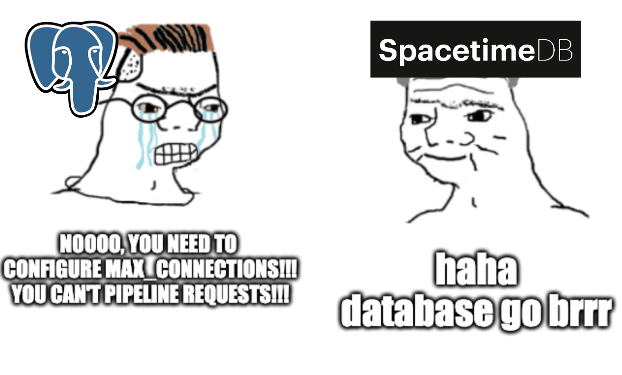 Postgres: Noooo, you need to configure max_connections! You can't pipeline requests! SpacetimeDB: haha database go brrr