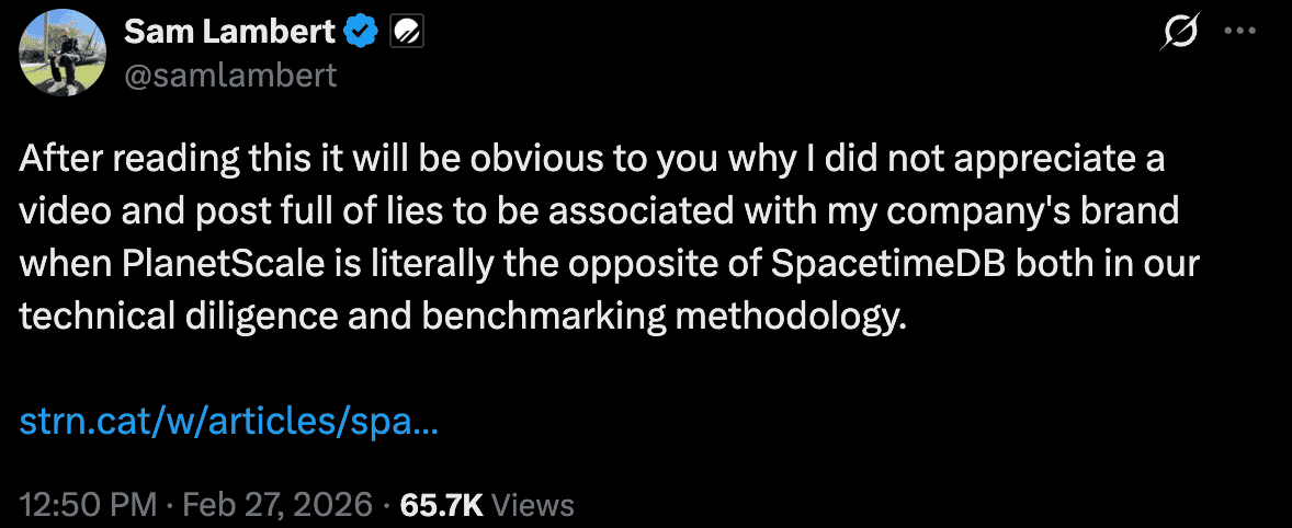 Sam Lambert tweet calling the SpacetimeDB video full of lies