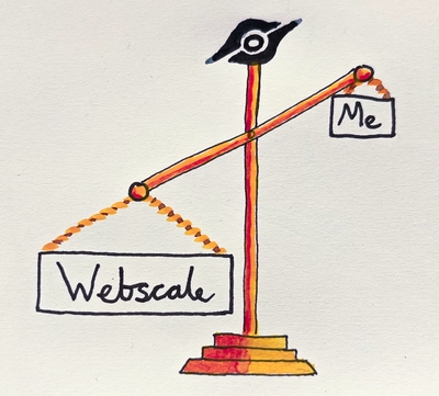 Drawing of scales weighing 'webscale' against 'me'