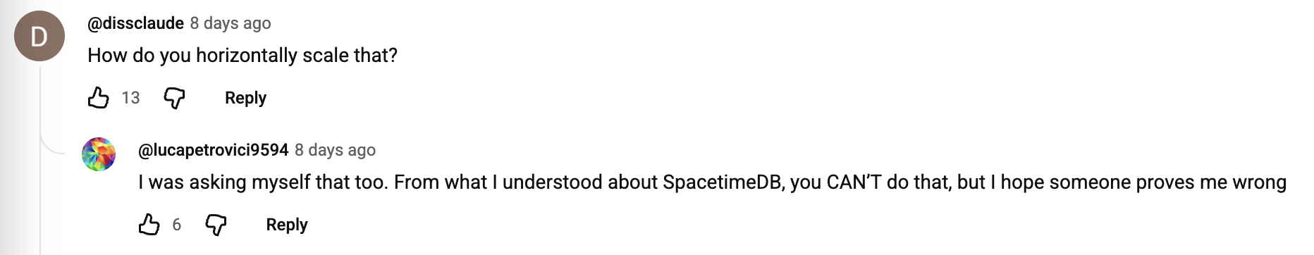 YouTube comment thread asking 'How do you horizontally scale that?', with a reply guessing that SpacetimeDB can't