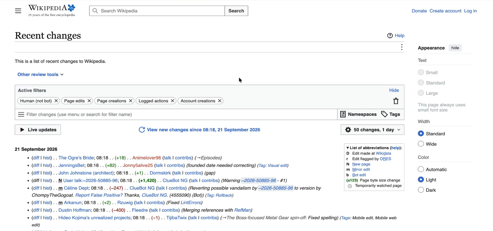 Wikipedia's Recent Changes page: a dense list of the latest edits, each with its time, article title, size change and editor